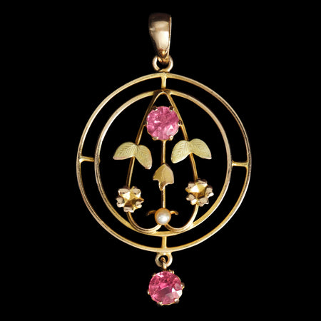 Edwardian 9ct gold floral pendant with pink amethysts and seed pearl – front view
