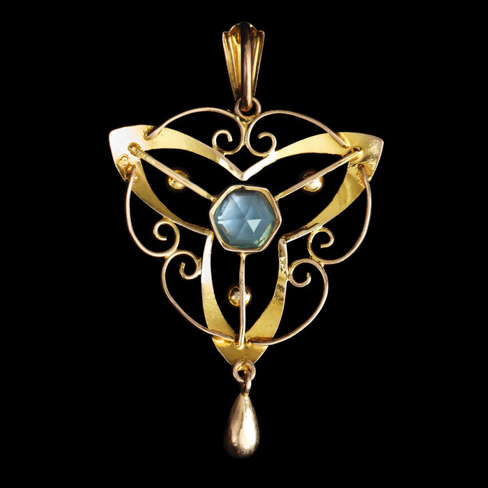 Art Nouveau 9ct Yellow Gold Aquamarine Openwork Pendant