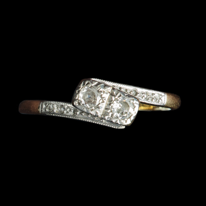 Art Deco 18ct Yellow Gold & Platinum Diamond Bypass Ring, Size L ~0.26ct