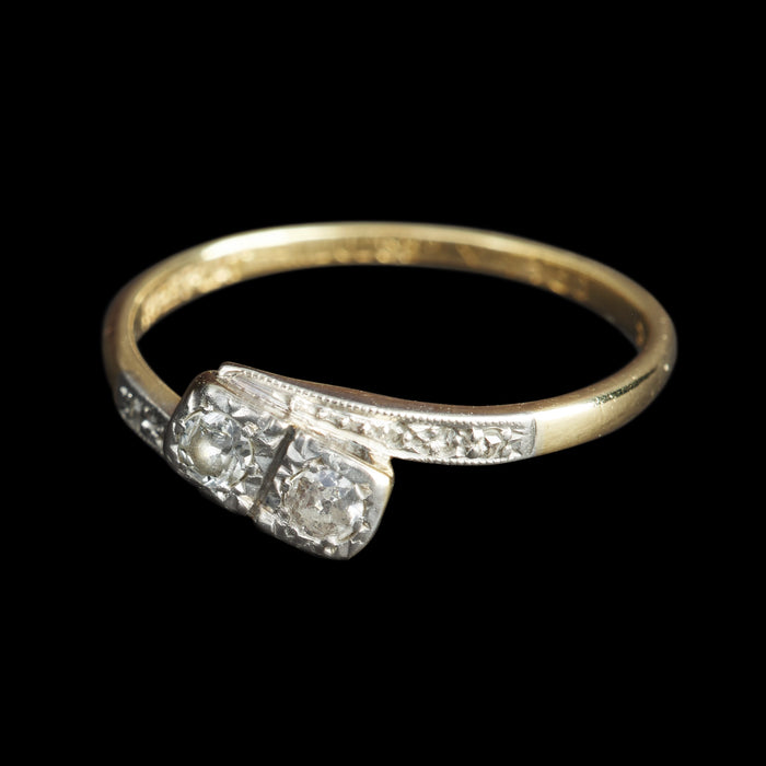 Art Deco 18ct Yellow Gold & Platinum Diamond Bypass Ring, Size L ~0.26ct