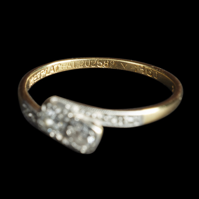 Art Deco 18ct Yellow Gold & Platinum Diamond Bypass Ring, Size L ~0.26ct