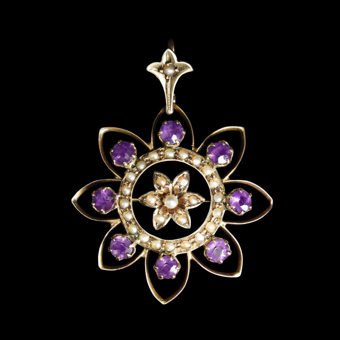 Victorian 9ct Yellow Gold Amethyst & Seed Pearl Pendant c.1880