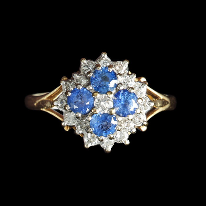 Vintage 18ct Yellow Gold Sapphire & Diamond Cluster Ring, Size P½