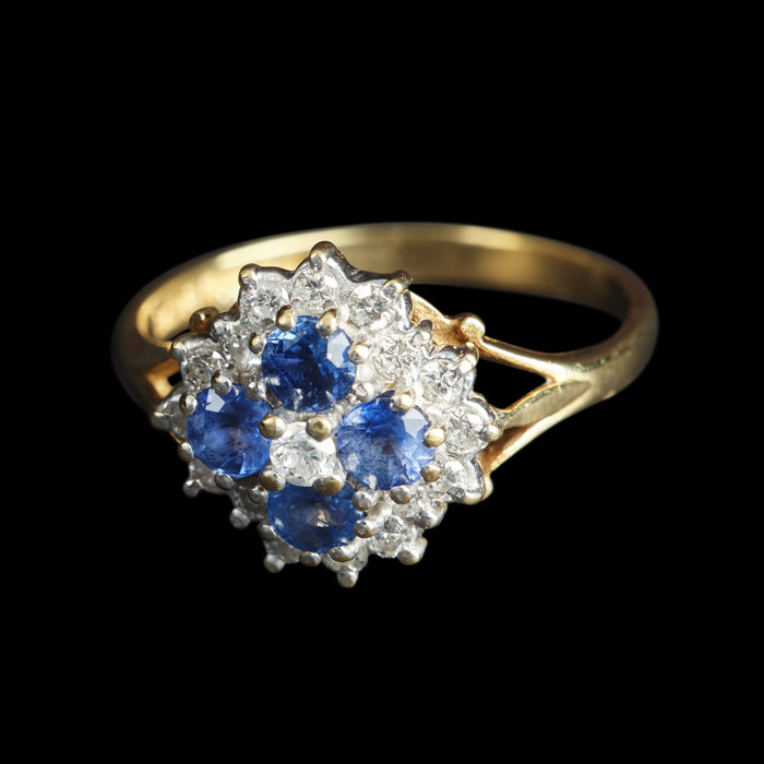 Vintage 18ct Yellow Gold Sapphire & Diamond Cluster Ring, Size P½
