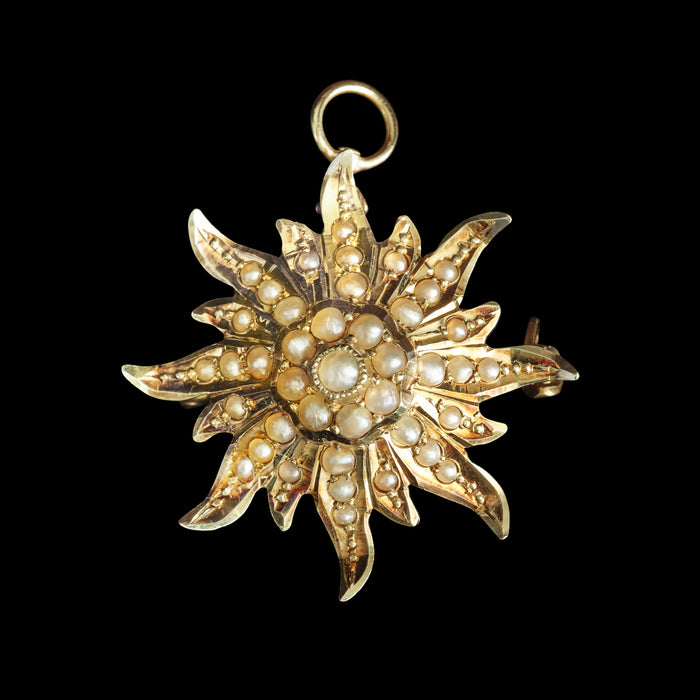 Edwardian 14ct Yellow Gold Split Pearl Starburst Pendant