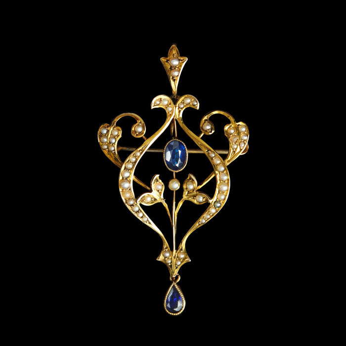 Early 20th Century 9ct Yellow Gold Sapphire and Seed Pearl Pendant, Brooch