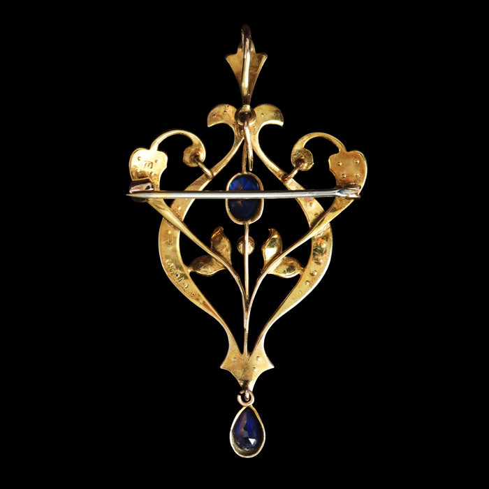 Early 20th Century 9ct Yellow Gold Sapphire and Seed Pearl Pendant, Brooch