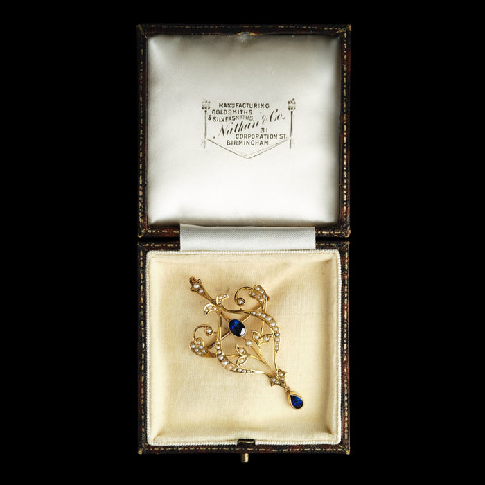 Early 20th Century 9ct Yellow Gold Sapphire and Seed Pearl Pendant, Brooch