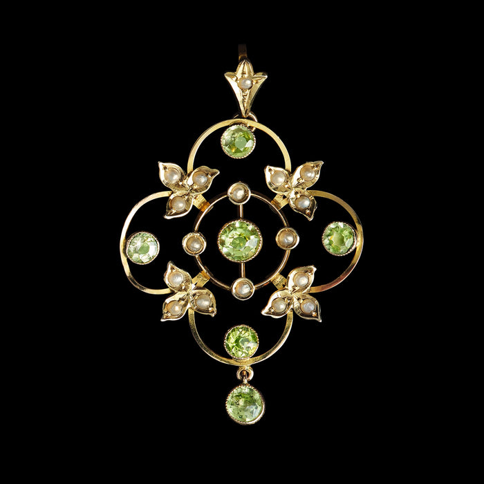 Edwardian 9ct Gold Peridot & Seed Pearl Floral Openwork Pendant