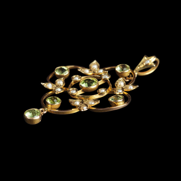 Edwardian 9ct Gold Peridot & Seed Pearl Floral Openwork Pendant Price