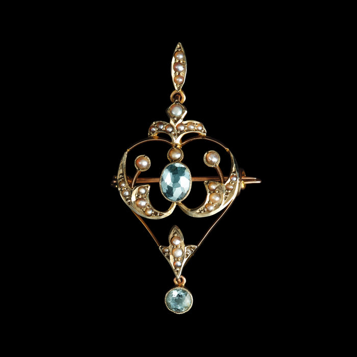 Edwardian 9ct Gold Aquamarine & Split Pearl Pendant/Brooch c.1905