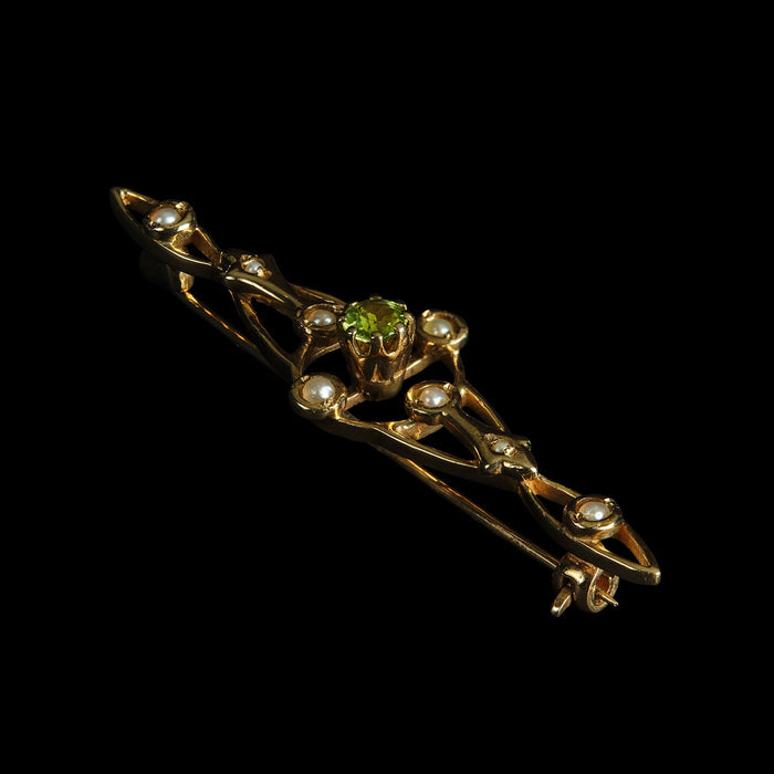 Late 20th Century 9ct Yellow Gold Peridot & Split Pearl Bar Brooch