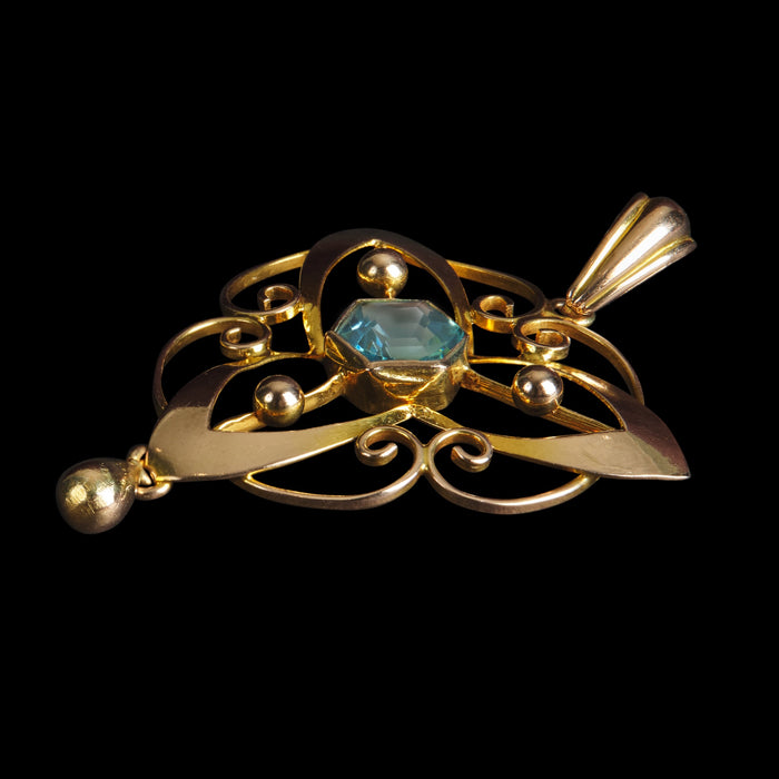 Art Nouveau 9ct Yellow Gold Aquamarine Openwork Pendant