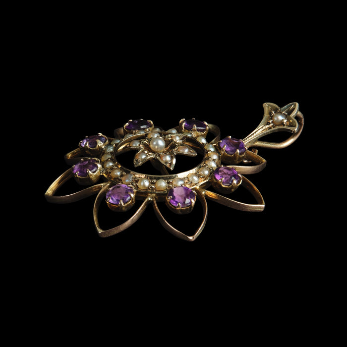 Victorian 9ct Yellow Gold Amethyst & Seed Pearl Pendant c.1880
