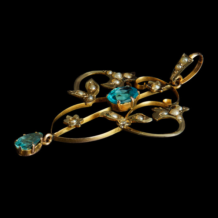 Edwardian 9ct Gold Aquamarine & Seed Pearl Lavaliere Pendant price