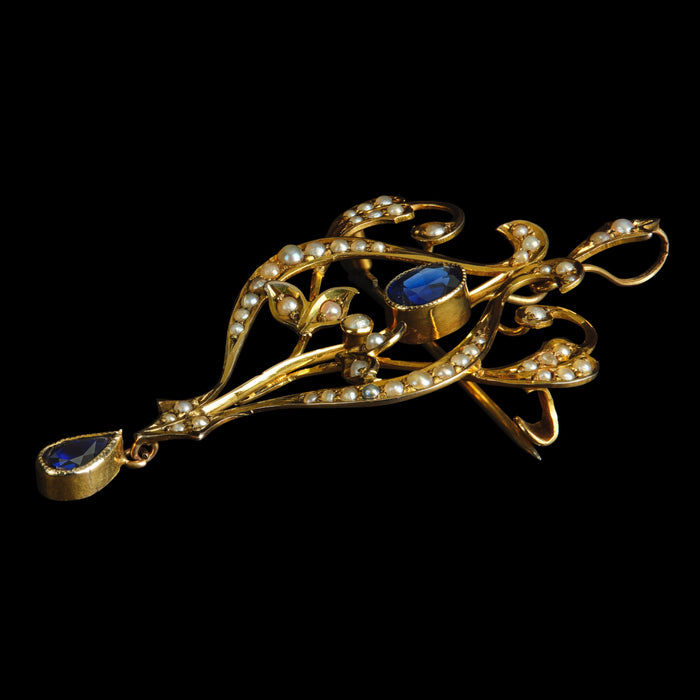 Early 20th Century 9ct Yellow Gold Sapphire and Seed Pearl Pendant, Brooch