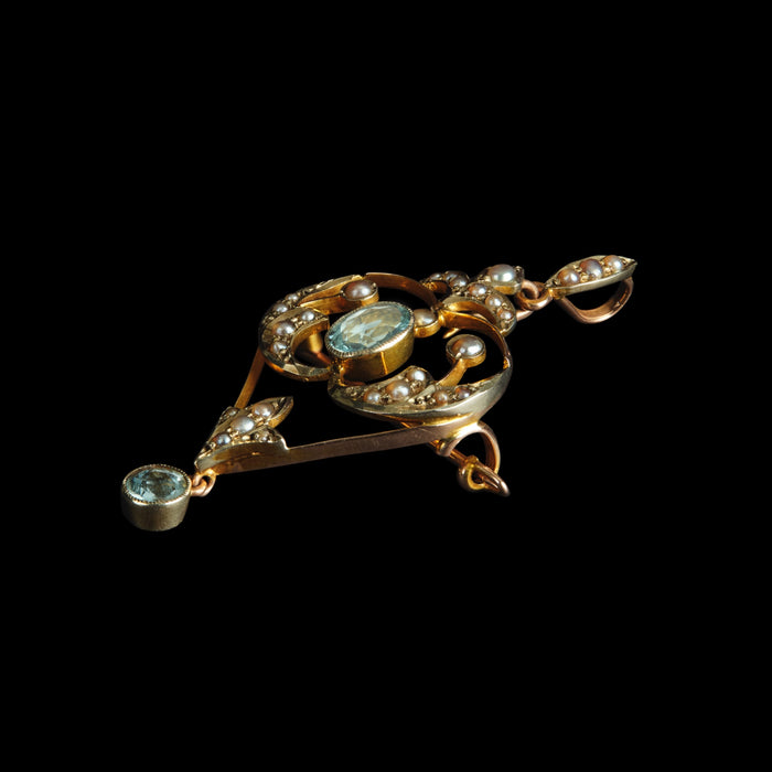 Edwardian 9ct Gold Aquamarine & Split Pearl Pendant/Brooch c.1905