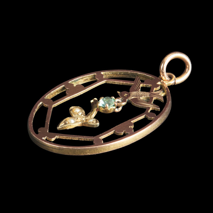 Art Nouveau 9ct Gold Blue Paste & Split Pearl Pendant