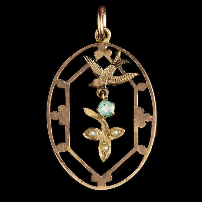 Art Nouveau 9ct Gold Blue Paste & Split Pearl Pendant