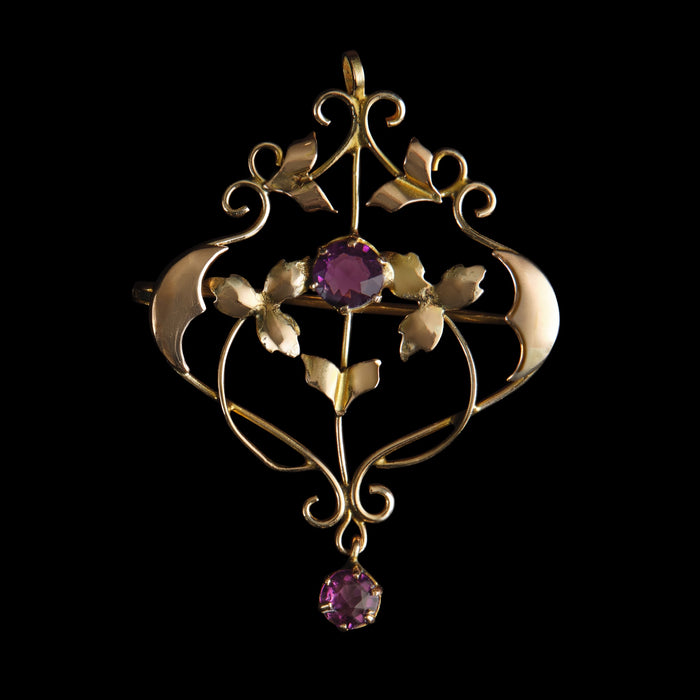 Buy Edwardian 9ct Yellow Gold Amethyst Floral Openwork Brooch, Pendant