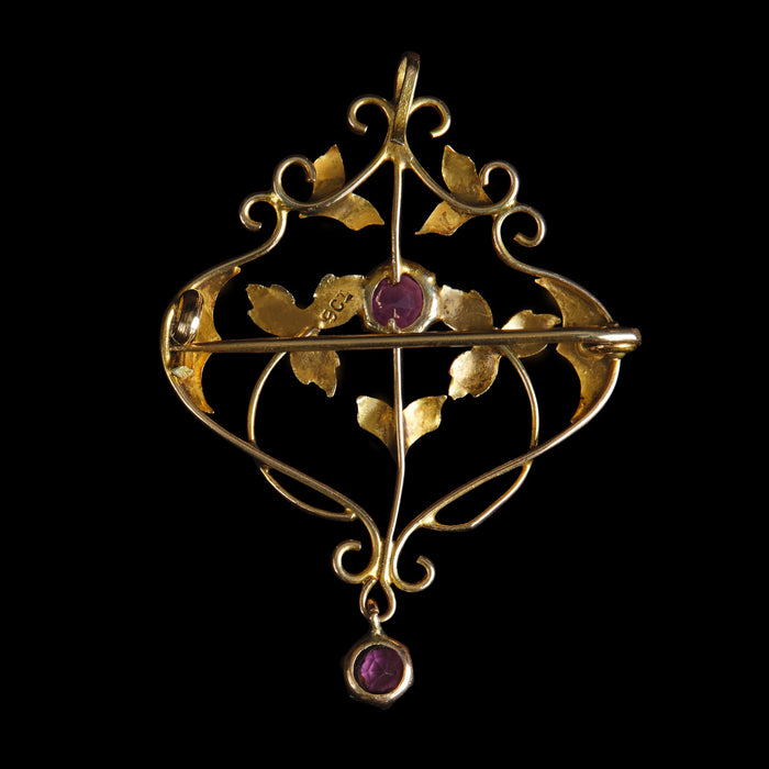 Edwardian 9ct Yellow Gold Amethyst Floral Openwork Brooch, Pendant London