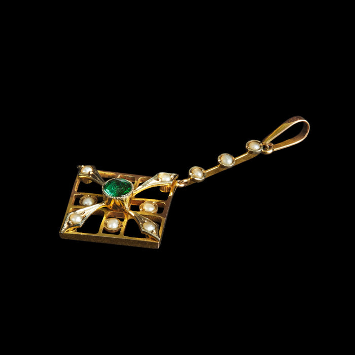 Early 20th Century 9ct Gold Demantoid Garnet & Split Pearl Drop Pendant