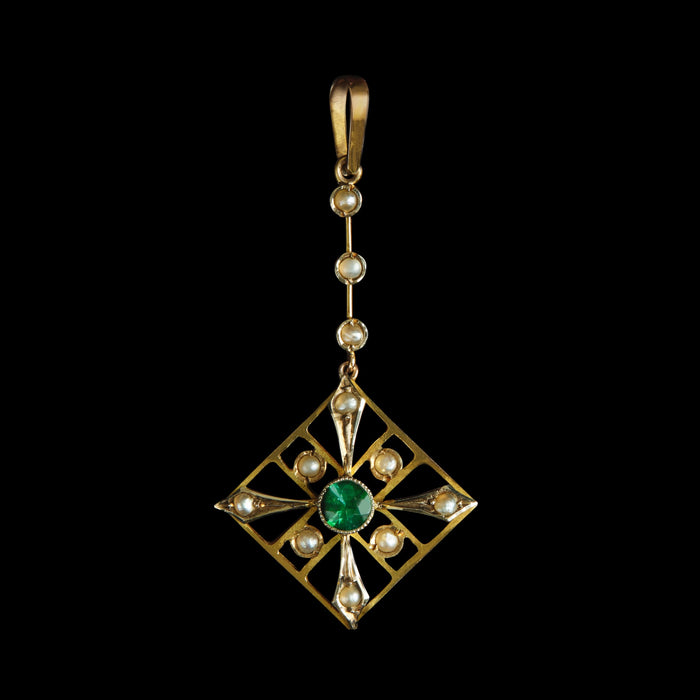 Early 20th Century 9ct Gold Demantoid Garnet & Split Pearl Drop Pendant