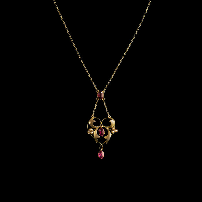 William Hair Haseler Edwardian 9ct Gold Garnet and Seed Pearl Pendant Necklace