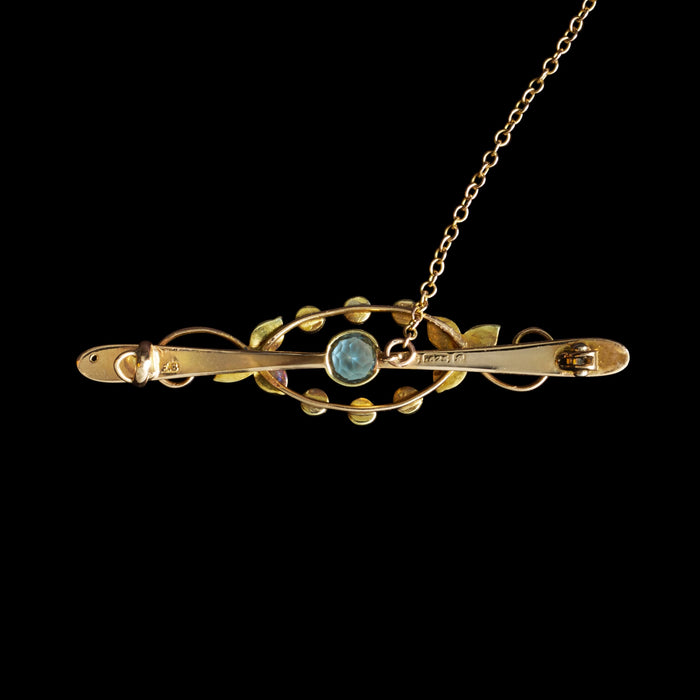 Edwardian 15ct Yellow Gold Aquamarine & Seed Pearl Brooch