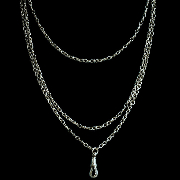Victorian Solid Silver Fancy Link Guard Chain Necklace with Dog Clip