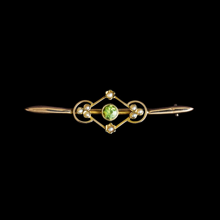 Edwardian 15ct Gold Bar Brooch with Peridot & Split Pearls