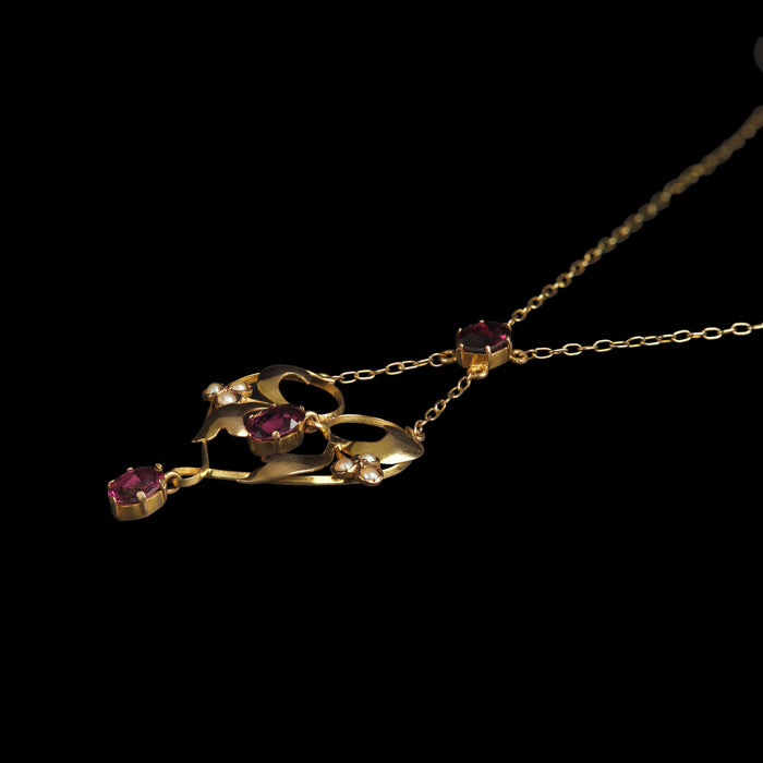 William Hair Haseler Edwardian 9ct Gold Garnet and Seed Pearl Pendant Necklace