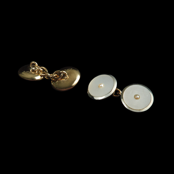 Art Deco 18ct & 9ct Gold Guilloché Enamel and Seed Pearl Cufflinks
