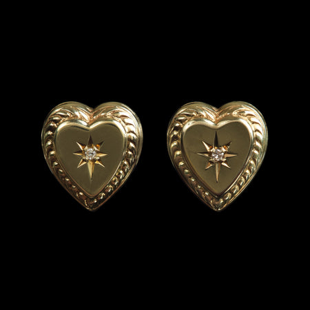 Pair of vintage 9ct yellow gold heart-shaped stud earrings with central starburst-set diamonds, beaded edging, c.1890–1910, converted and hallmarked in 1966