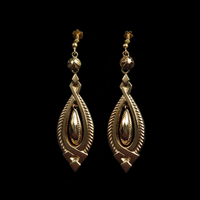 Victorian 9ct Yellow Gold Teardrop Drop Earrings, for Non-Pierced Ears