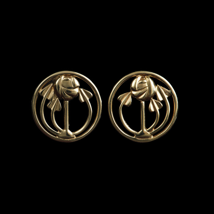 Late 20th Century 9ct Yellow Gold Charles Rennie Mackintosh Rose Earrings