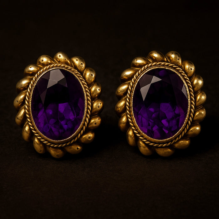 1970's Vintage 9ct Yellow Gold Oval-Cut Amethyst Stud Earrings, ~5.00ct