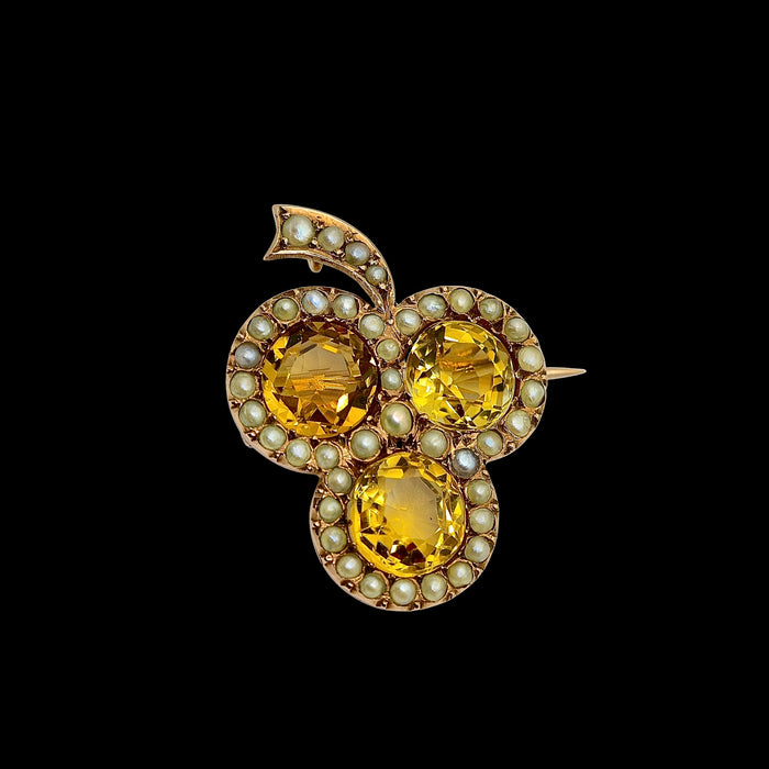 Victorian 9ct Rose Gold Citrine & Split Pearl Clover Brooch
