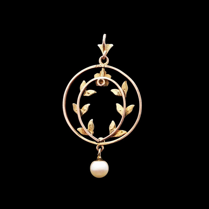 Edwardian 9ct Yellow Gold Seed Pearl Floral Wreath Pendant