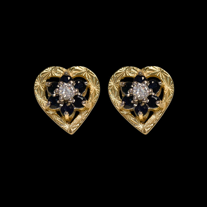1980s 9ct Yellow Gold Blue Spinel & Goshenite Heart Stud Earrings