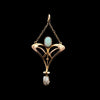 Art Nouveau 15ct gold lavalier pendant with central opal cabochon and pearl drop, antique floral design c1900 Front