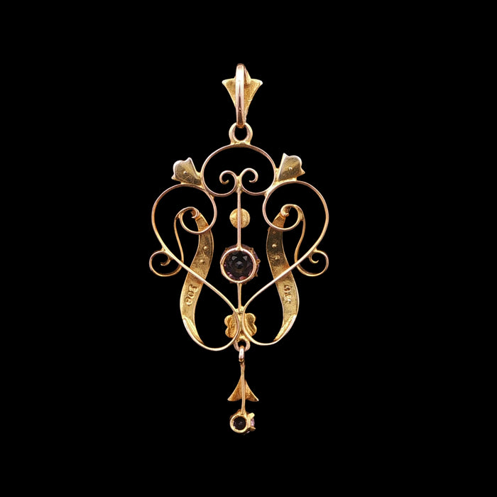 Edwardian 9ct gold amethyst and seed pearl pendant with openwork Art Nouveau design and drop detail, circa 1905, reverse