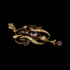 Edwardian 9ct gold amethyst and seed pearl pendant with openwork Art Nouveau design and drop detail, circa 1905, 3/4