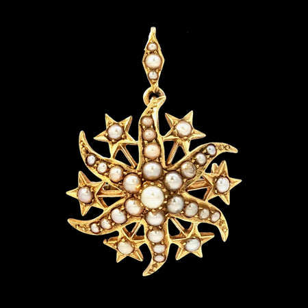 Antique Victorian split pearl starburst pendant and brooch in tested 15ct gold, featuring a celestial star and crescent design, circa 1890