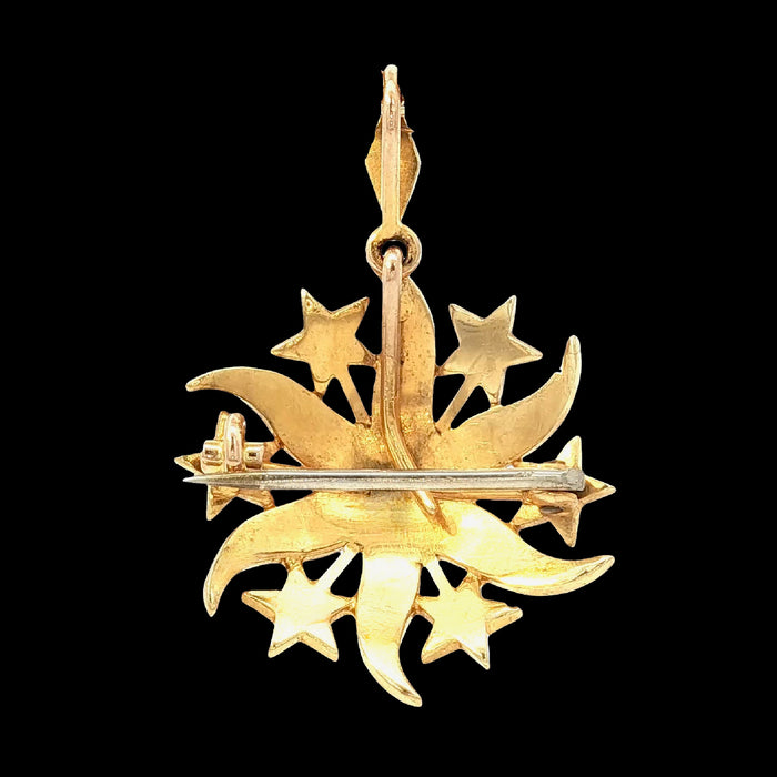 Reverse of antique Victorian 15ct gold split pearl starburst pendant and brooch, showing closed-back setting, brooch pin and removable bale