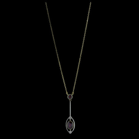 Edwardian 15ct yellow and white gold garnet and diamond drop necklace, c.1905–1915