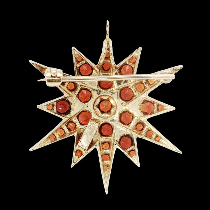 Reverse Vintage 9ct gold garnet star brooch pendant with 37 garnets, London 1977 celestial starburst design