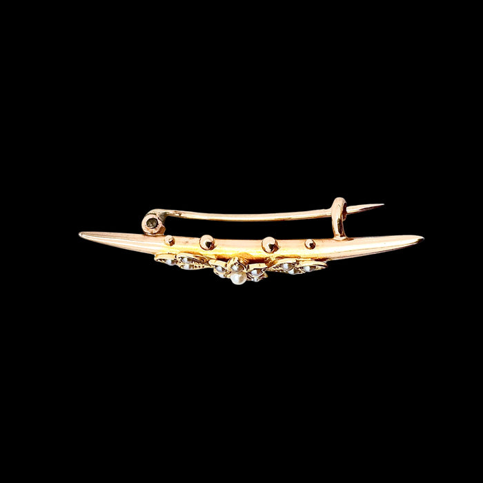 Antique Victorian 15ct gold split pearl crescent brooch with central flowerhead motif, circa 1880. Side