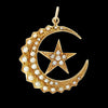 Victorian 18ct gold crescent moon and star pendant set with 33 split pearls and a central old-cut diamond, Saunders & Shepherd c1890 celestial jewellery front view