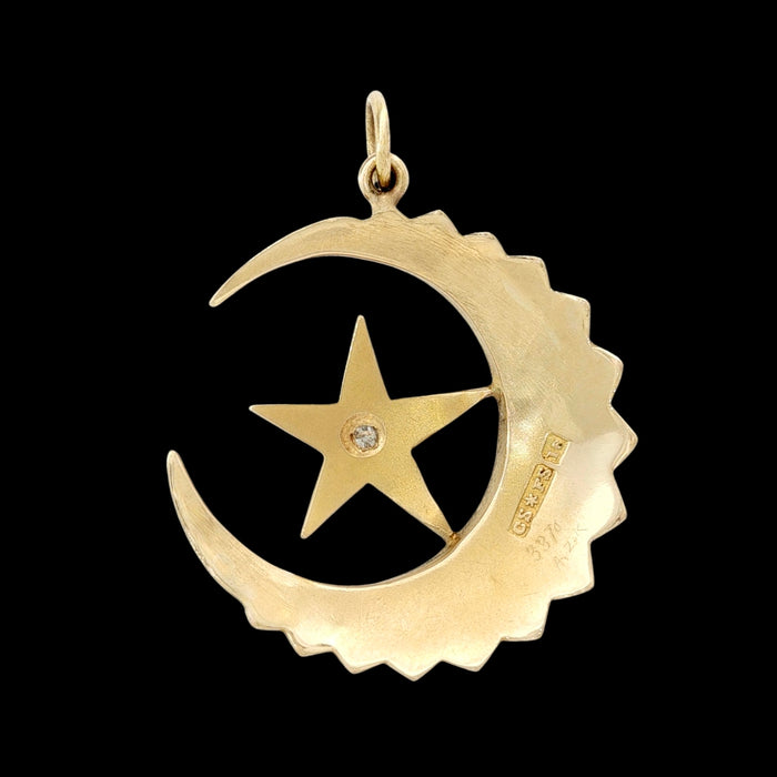 Victorian 18ct gold crescent moon and star pendant set with 33 split pearls and a central old-cut diamond, Saunders & Shepherd c1890 celestial jewellery reverse